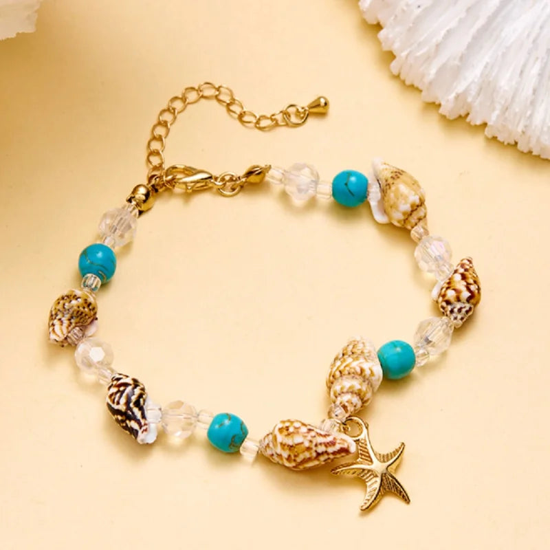 New Trend Starfish Conch Bracelet Anklets for Women Cute Adjustable Shell Rice Beads Ankle Bracelets