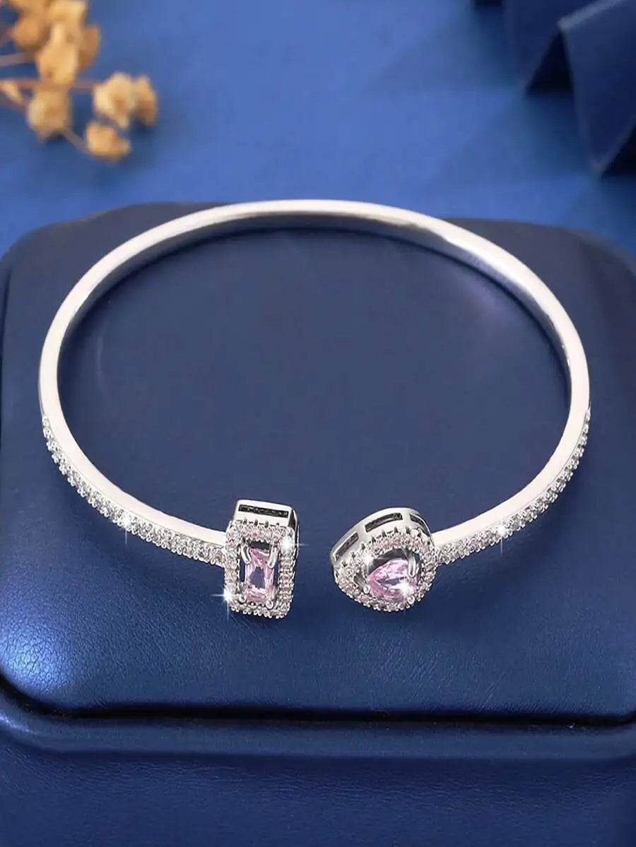 Cuff Bangle Bracelet With Rectangular And Teardrop Cubic Zirconia Accents, Silver-Tone