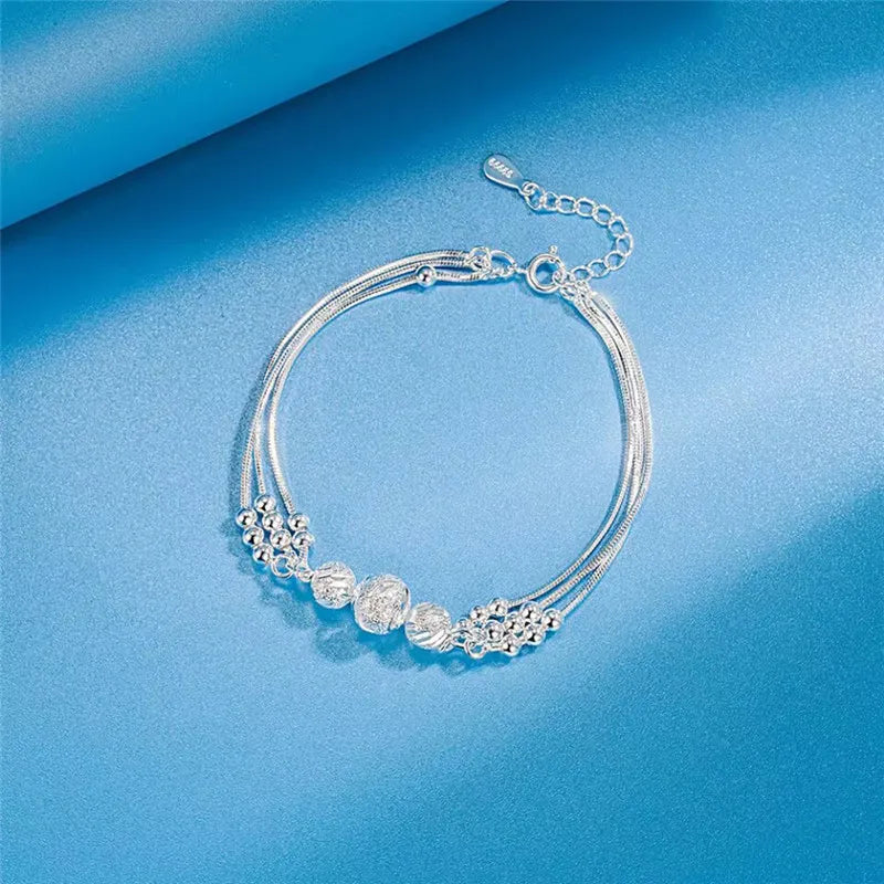 Fine 925 Sterling Silver Lucky Beads Ball Chain Bracelet For Women