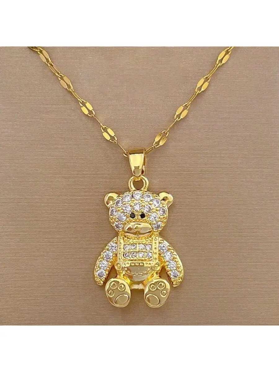 Cute Bear Pendant Necklace With Rhinestone Inlay For Women Titanium Steel Chain