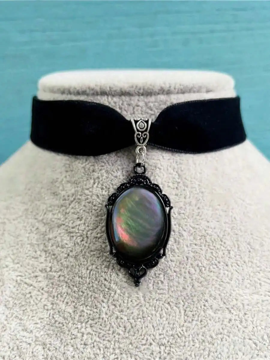 Handmade Black Velvet Gothic Choker Necklace With Red Resin Pendant
