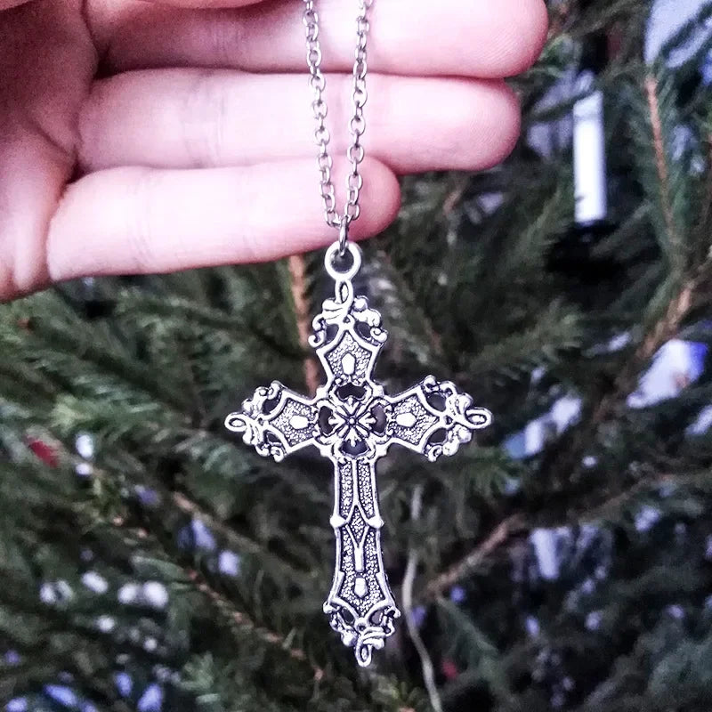 Punk Crystal Big Cross Pendant Necklaces for Women Men Gothic Irregular Cross Clavicle Chain Necklaces
