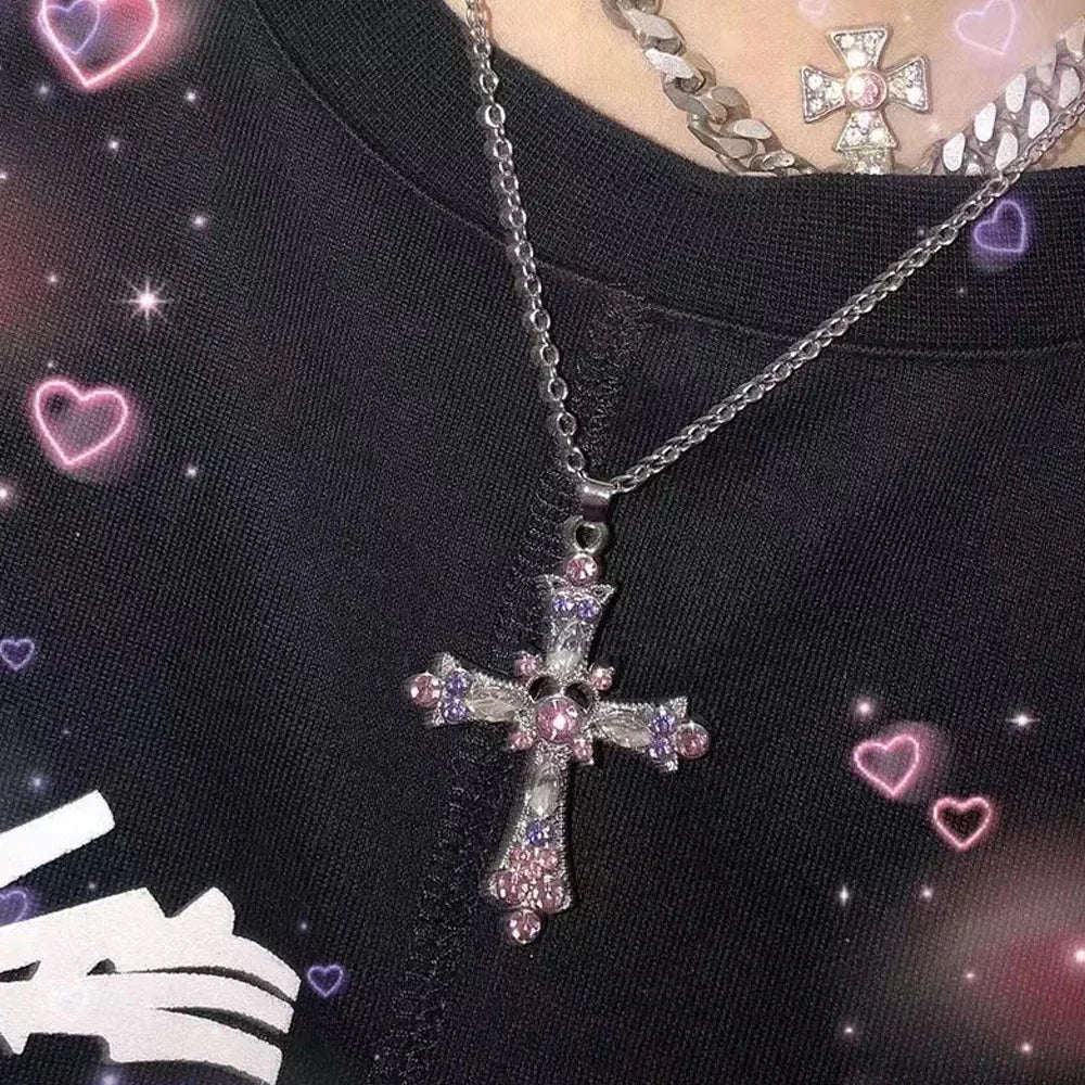 Punk Crystal Big Cross Pendant Necklaces for Women Men Gothic Irregular Cross Clavicle Chain Necklaces