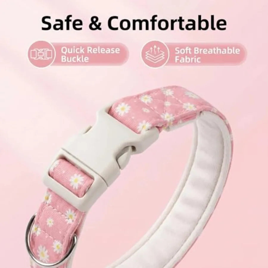 Daisy Dog Collar, Cute and Durable Quick-Release Pet Collar for Small, Medium, Large Dogss Pink, L