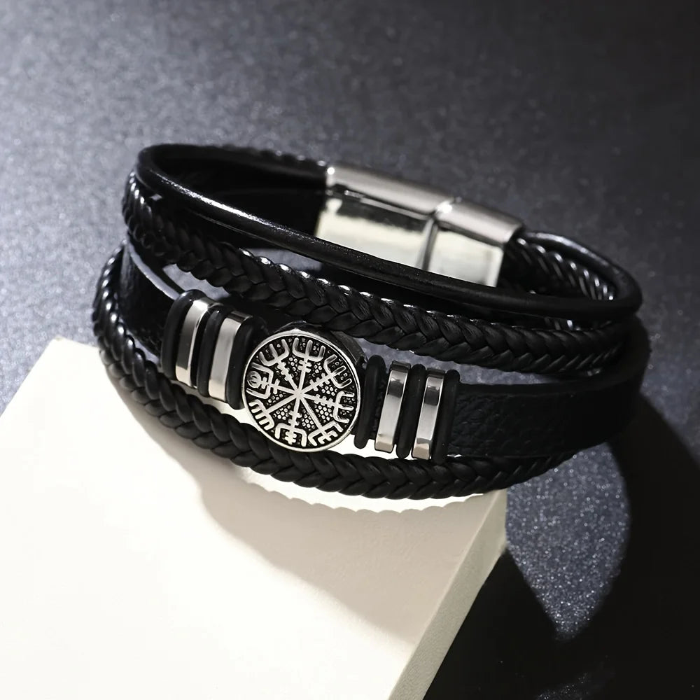 A Stylish Punk Multi-Layer Men's Bracelet, Trendy Compass Bracelet, Woven Rope Bracelet