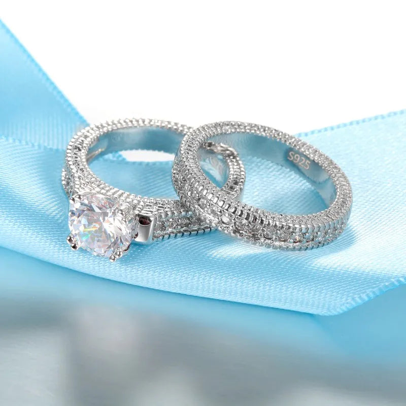 Elegant Ring Set 925 Sterling Silver Color With Full Shiny Cubiz Zircon Stone
