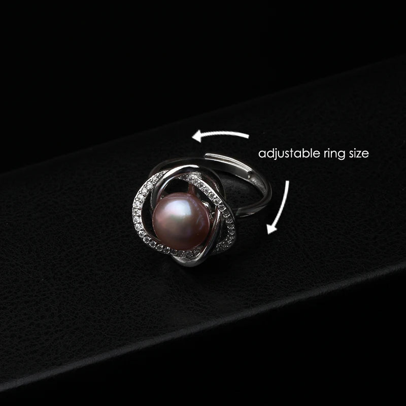 925 Silver Adjustable White Natural Freshwater Black Pearl Ring for Women, Cultured Natural Pearl Ring