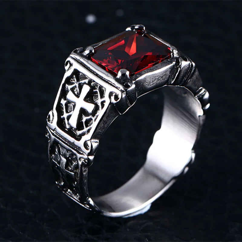 Fashion Personality Exquisite Red Zircon Cross Pattern Ring for Men