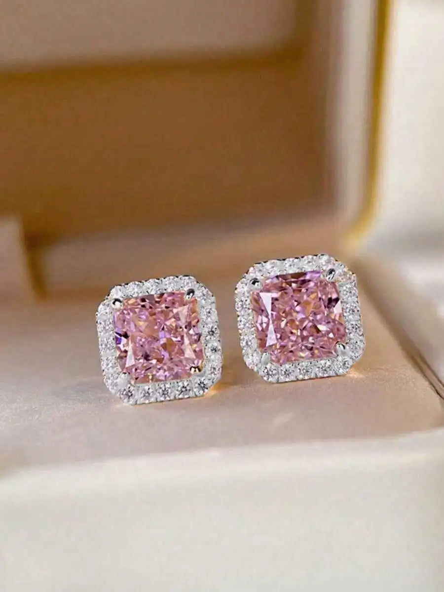 Square Cut Pink Cubic Zirconia Halo Stud Earrings For Women