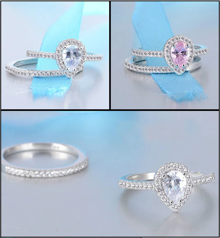 Luxury 925 Sterling Silver  ring set Jewelry Teardrop Zircon CZ Diamant Ring Set