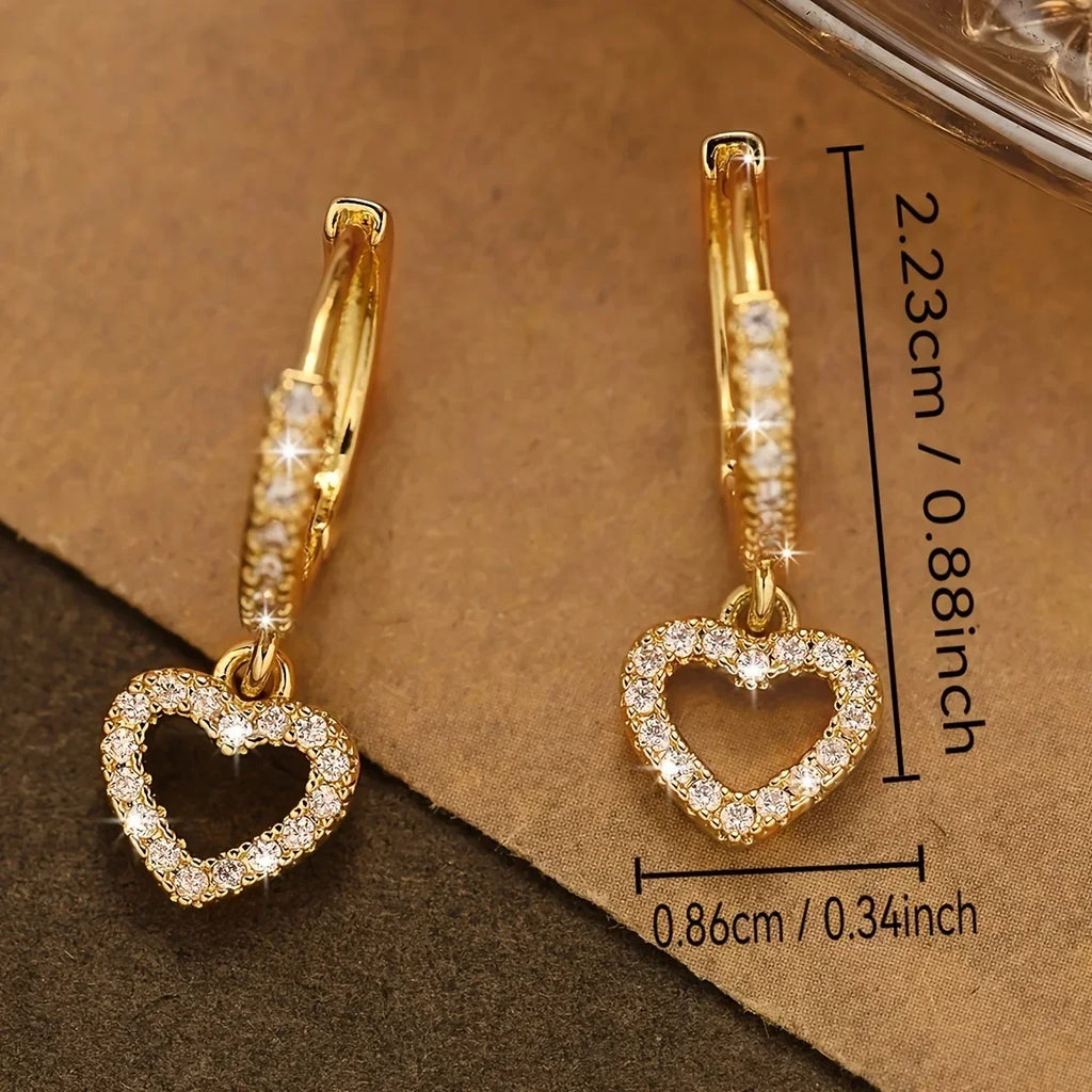 Gorgeous Heart Pendant Tassel Earrings with Full Sparkling Zirconia, Simple Style