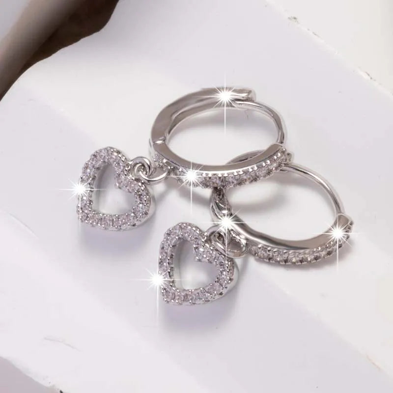 Luxury Crystal Zircon Heart Pendant Earrings For Women Fashion Gold Color Hollow Circle Geometric Ear Buckle Wedding Jewelry