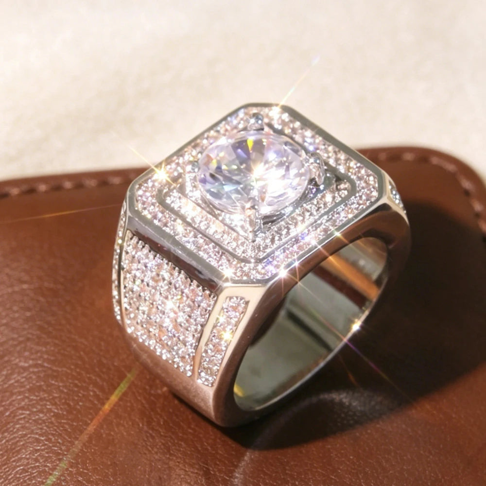 Elegant Men's Heavyweight Geometric Square Wide Ring with 3D Surrounding Shimmering Stone
