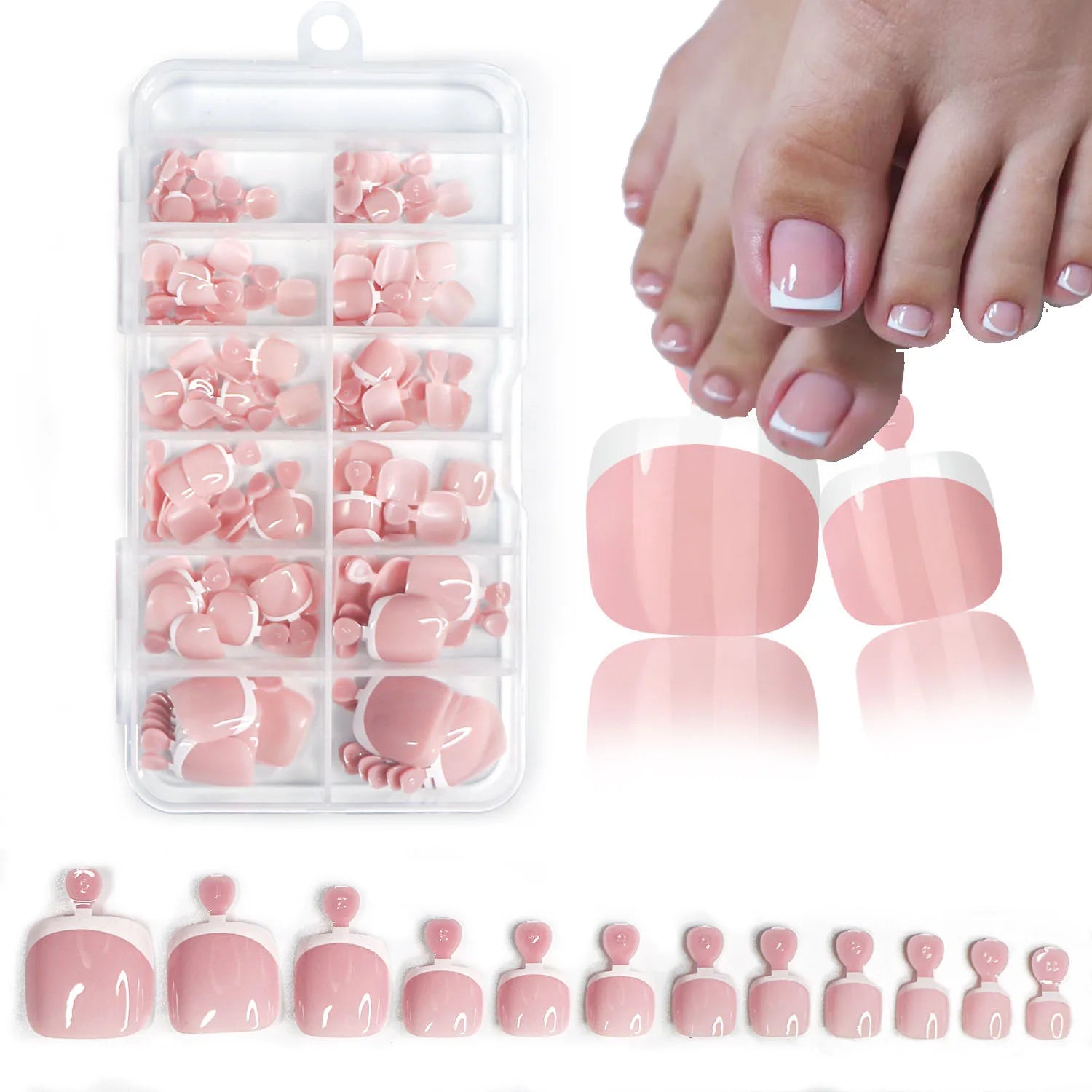 120Pcs Glossy Nude Pink French Press-On-Toenail Set 1*Box Short French Square  Fake Toe Nails Solid