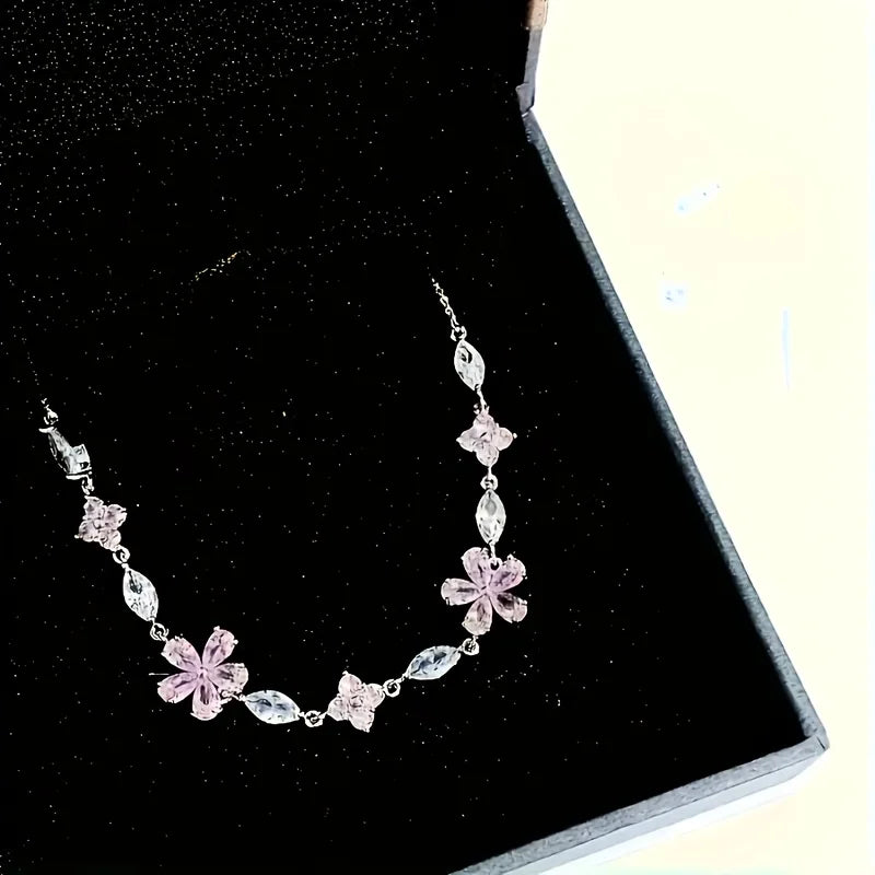 Ladies Pink Cherry Blossom Chain Bracelet, Stylish and Cute Exquisite Square Petal Cherry Blossom Bracelet Adjustable
