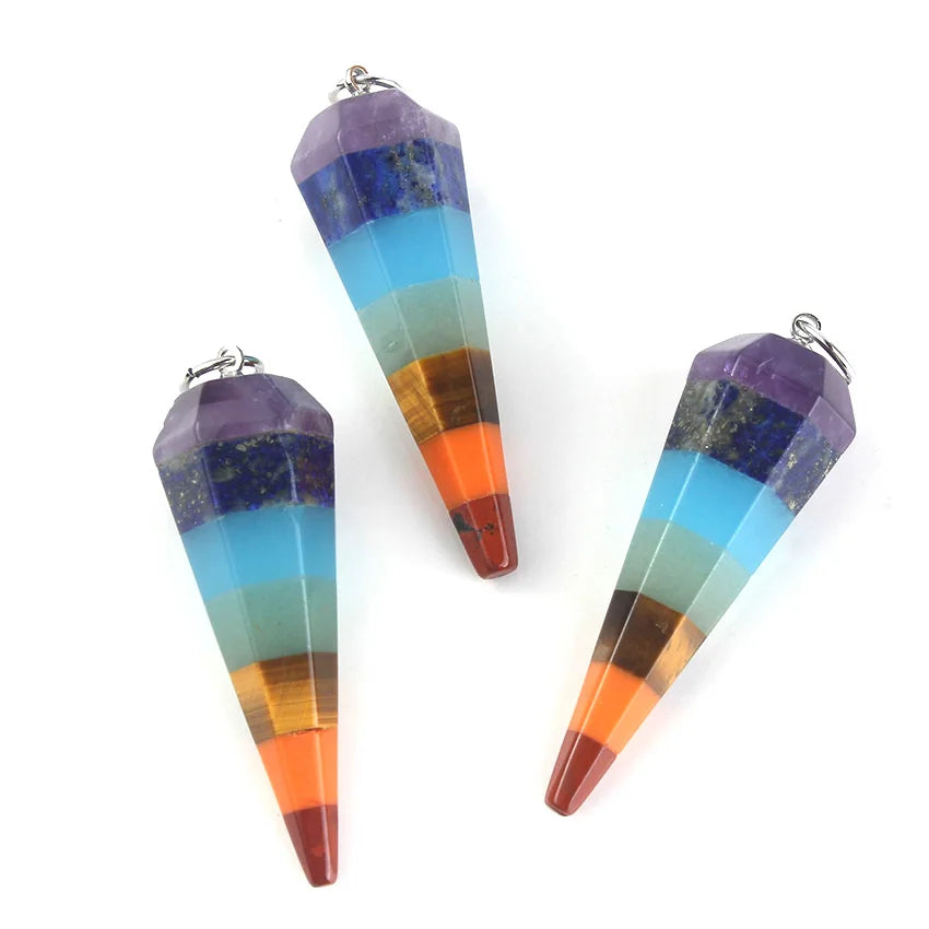 Natural Healing Crystal Quartz Hexagon Prism 7 Chakra Stone Layer Pendulum Pendant