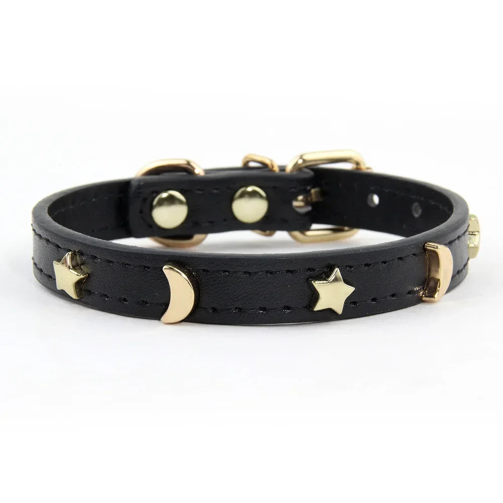 Pet Collar Rivet Star Moon Decor Small Dog Kitten PU Leather