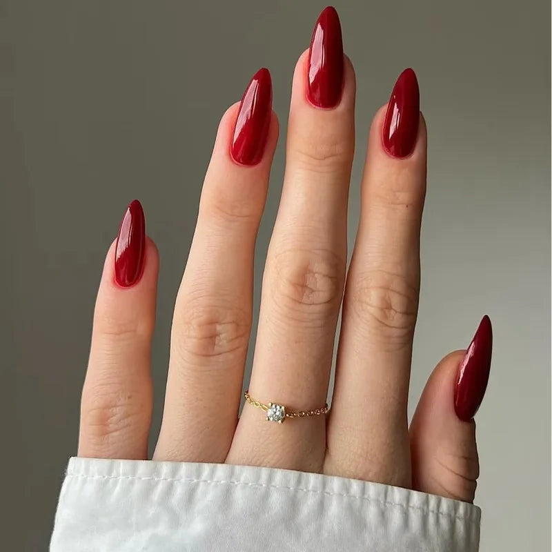 24Pcs Shiny Wine Red False Nails Artificial Press On Fake Nail Short Stiletto DIY Lady Nails