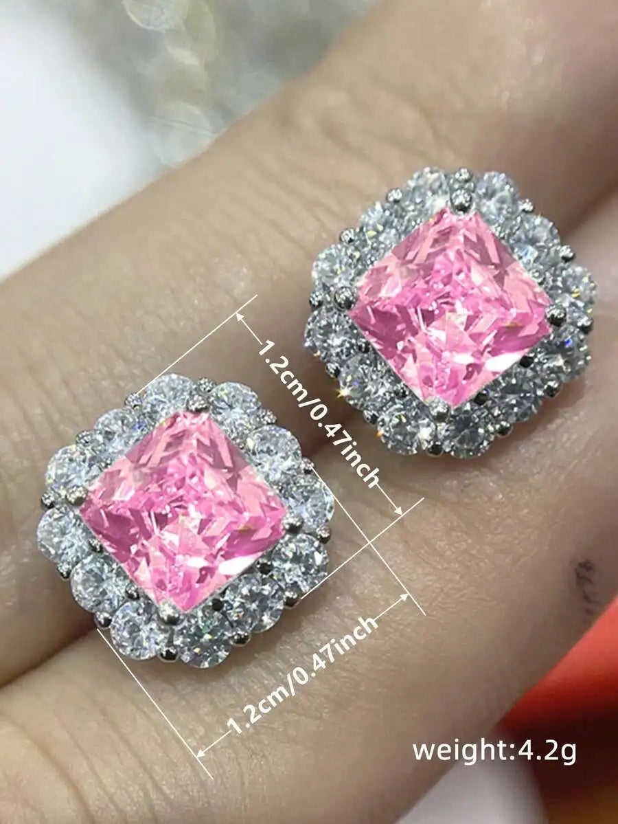 Square Cut Pink Cubic Zirconia Halo Stud Earrings For Women