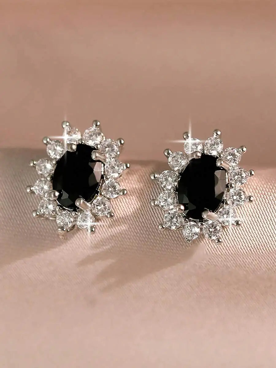 Classic Oval Black Cubic Zirconia Stud Earrings For Women