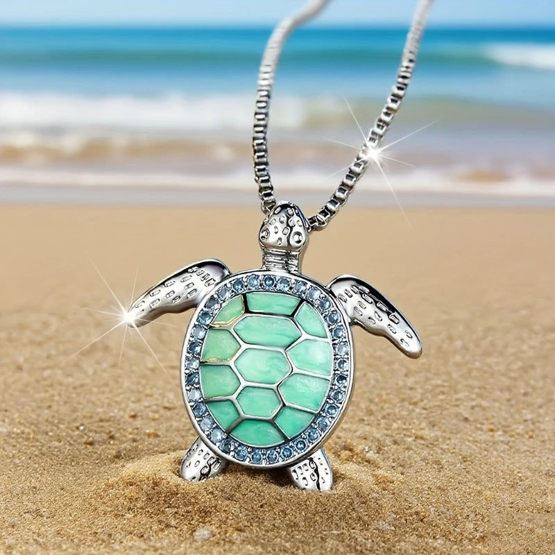 Bohemian Style Inlaid Green Synthetic Zirconia Turtle Pendant Necklace for Women