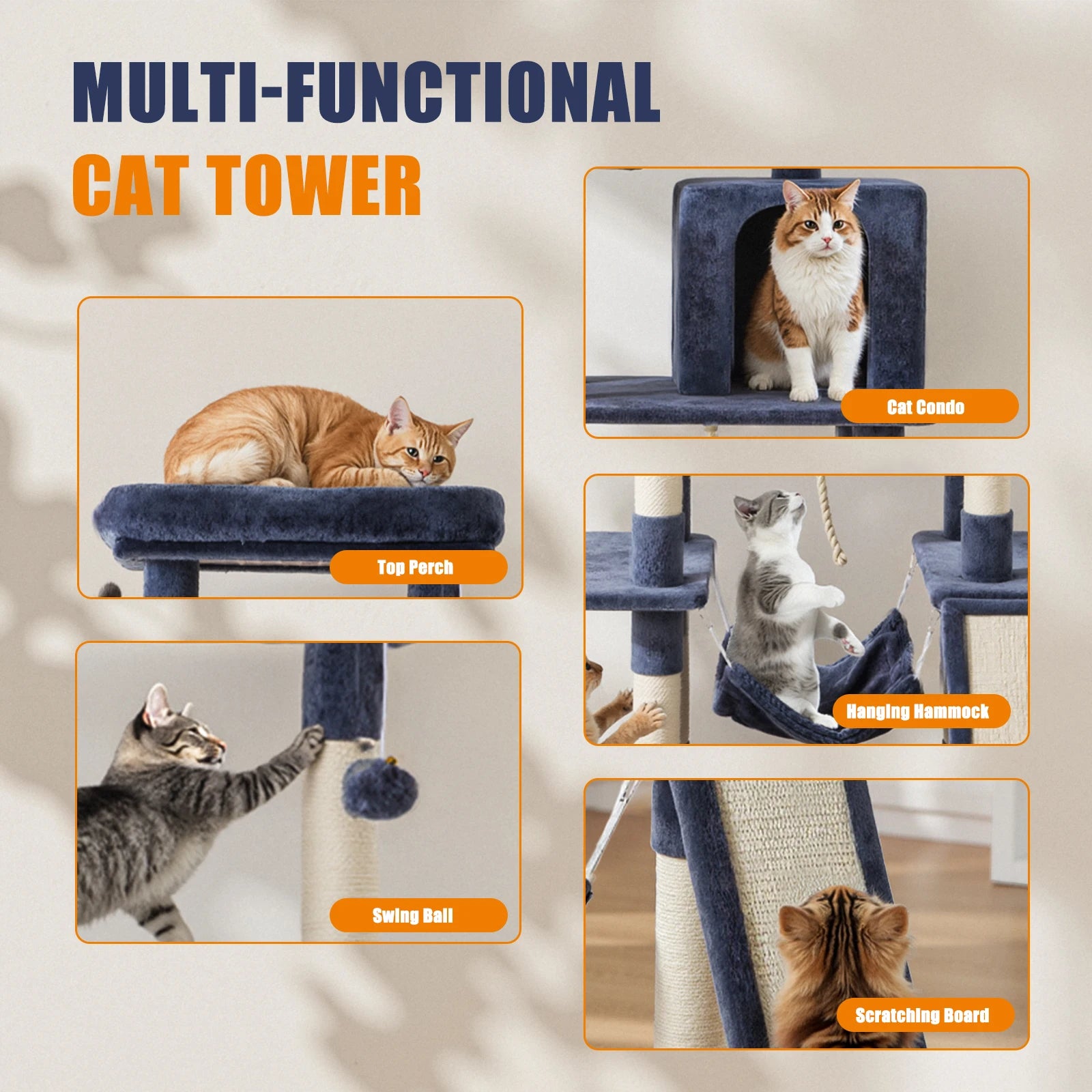 63In Cat Tree Tall Multi-Cat Climbing Tower Natural Sisal Scratching Posts Stable