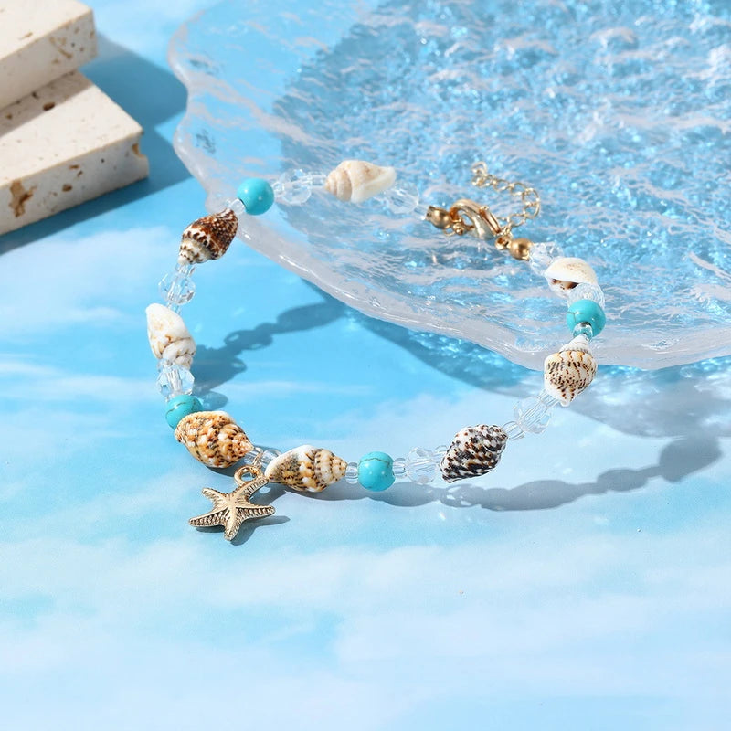 New Trend Starfish Conch Bracelet Anklets for Women Cute Adjustable Shell Rice Beads Ankle Bracelets