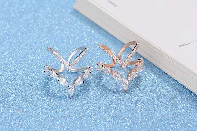 925 Sterling Silver Irregular Double Layer Zirconia Ring For Women Resizable Rings