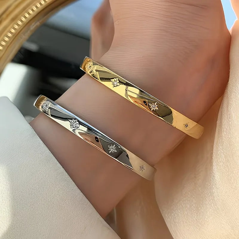 A Star-encrusted Open Cuff Bracelet, A Simple Wrist Jewelry Gift for Women for Everyday
