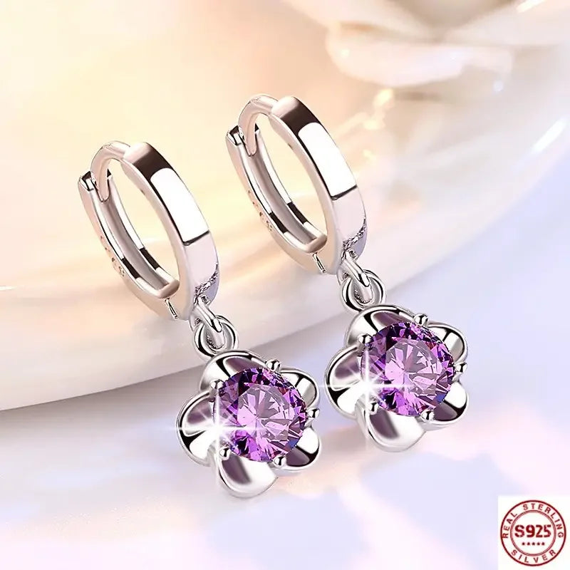 925 Sterling Silver Earrings Jewelry High Quality Retro Simple Purple White Zircon Earrings