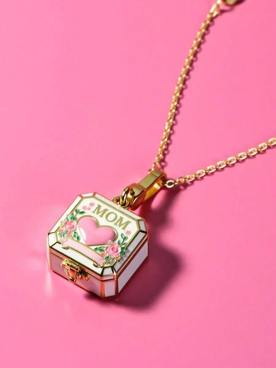 Enamel Mom Heart Locket Pendant Necklace For Women