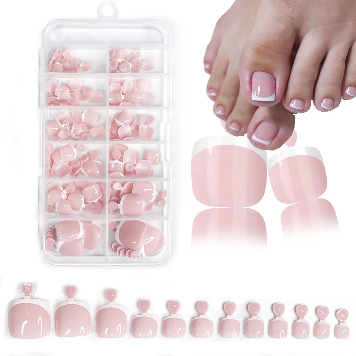 120Pcs Glossy Nude Pink French Press-On-Toenail Set 1*Box Short French Square  Fake Toe Nails Solid