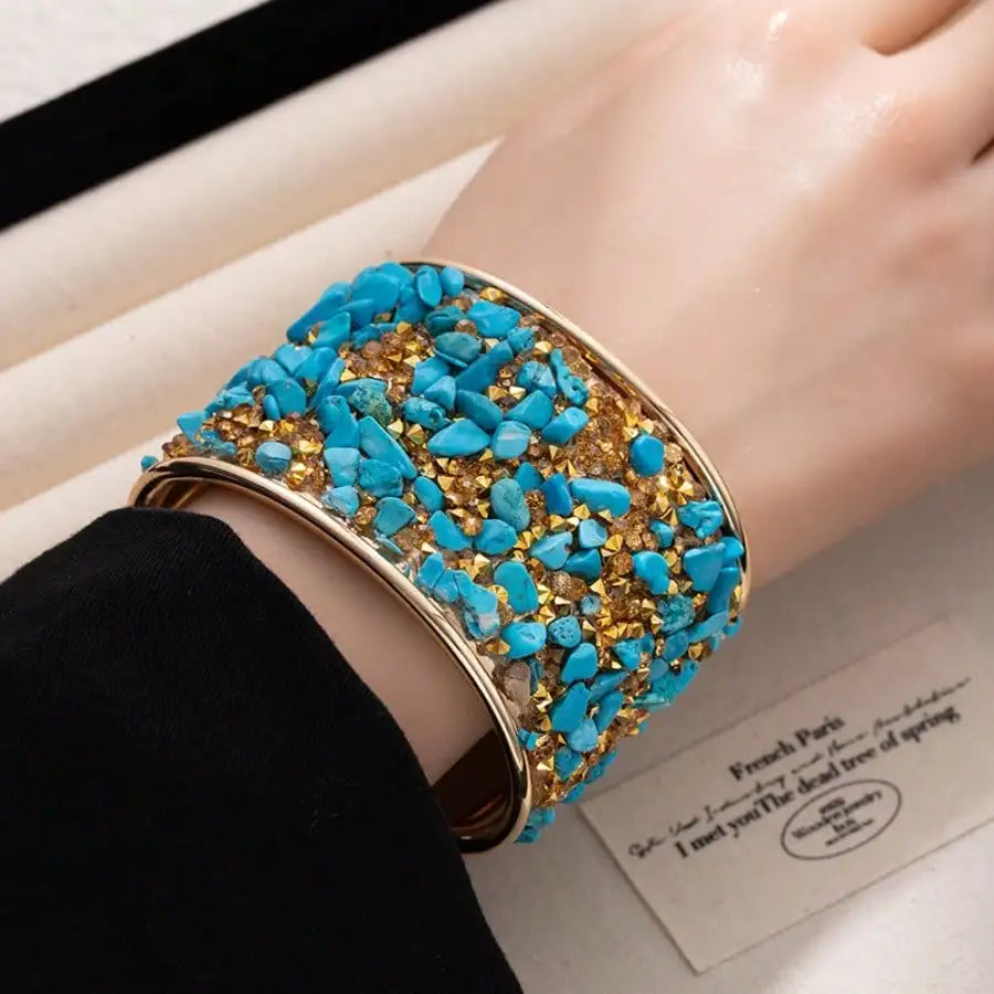 Colorful Crushed Stone Wide Open Bangle, Sparkling Diamond Inlaid Bracelet, High-end Cool Arm Cuff Jewelry