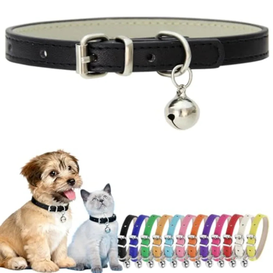 XXS Dog Collar with Bell, PU Leather Puppy Collar with Bells