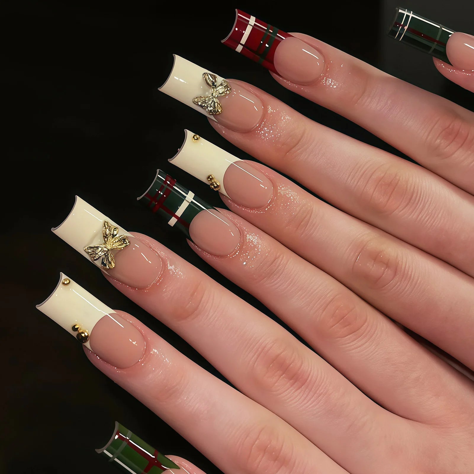 24PCS French Press on Nails Sweet Punk Vine Striped Pink Black French Nail Tip