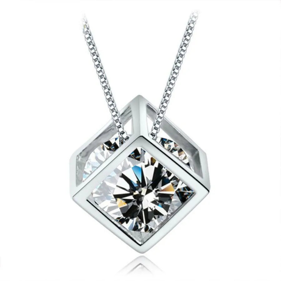 3D Hollow Square Cubic Zirconia Pendant Necklace for Women, Silver Plated Thin Snake Chain