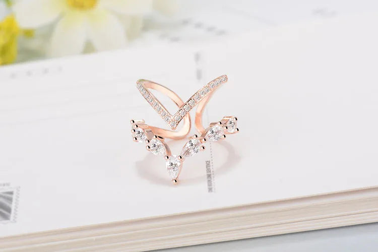925 Sterling Silver Irregular Double Layer Zirconia Ring For Women Resizable Rings