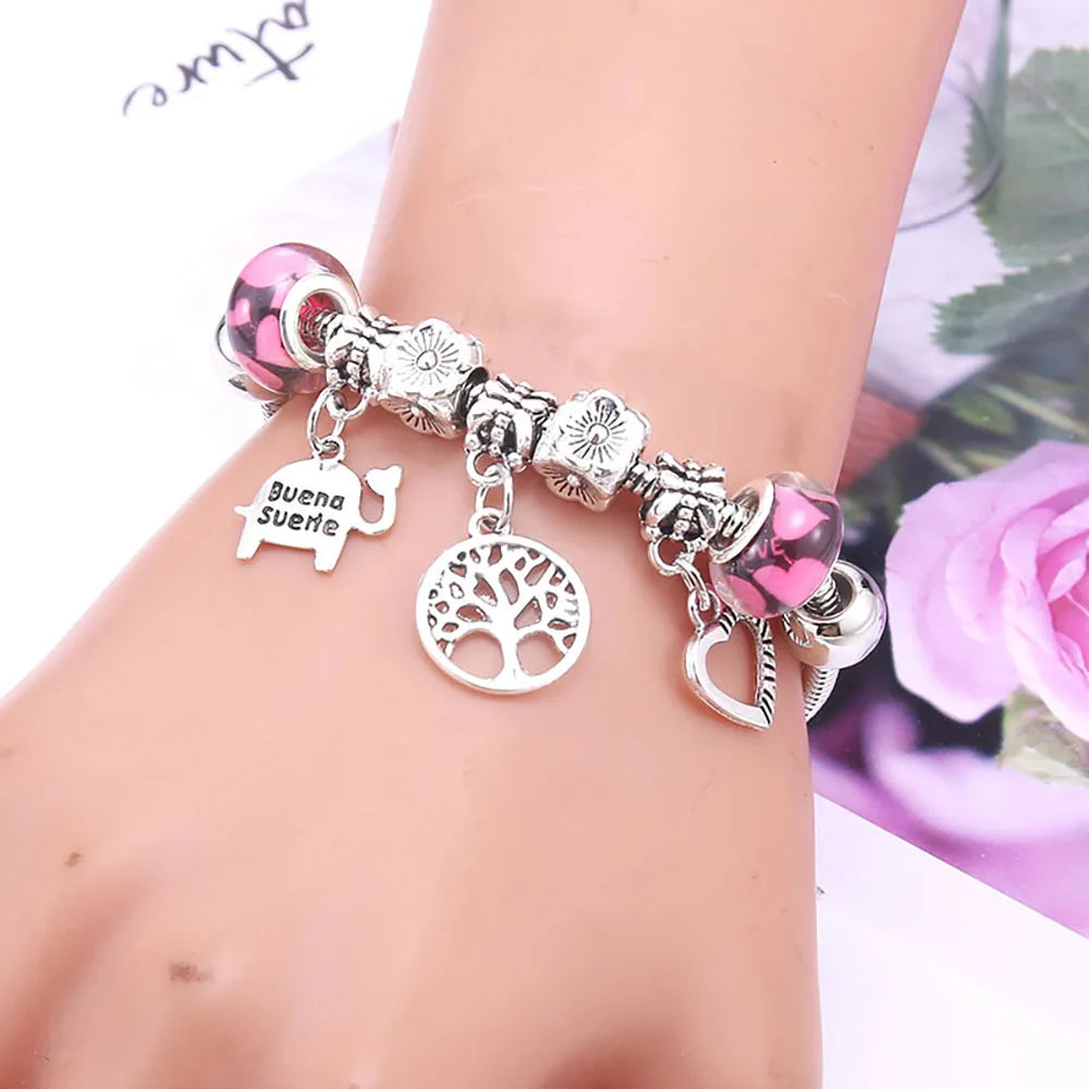 Pink Butterfly Charm Bracelet Snake Chain Lobster Clasp Beaded Bangle