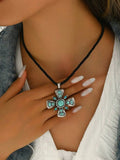 Vintage Bohemian Turquoise Inlaid Cross Pendant Necklace For Women