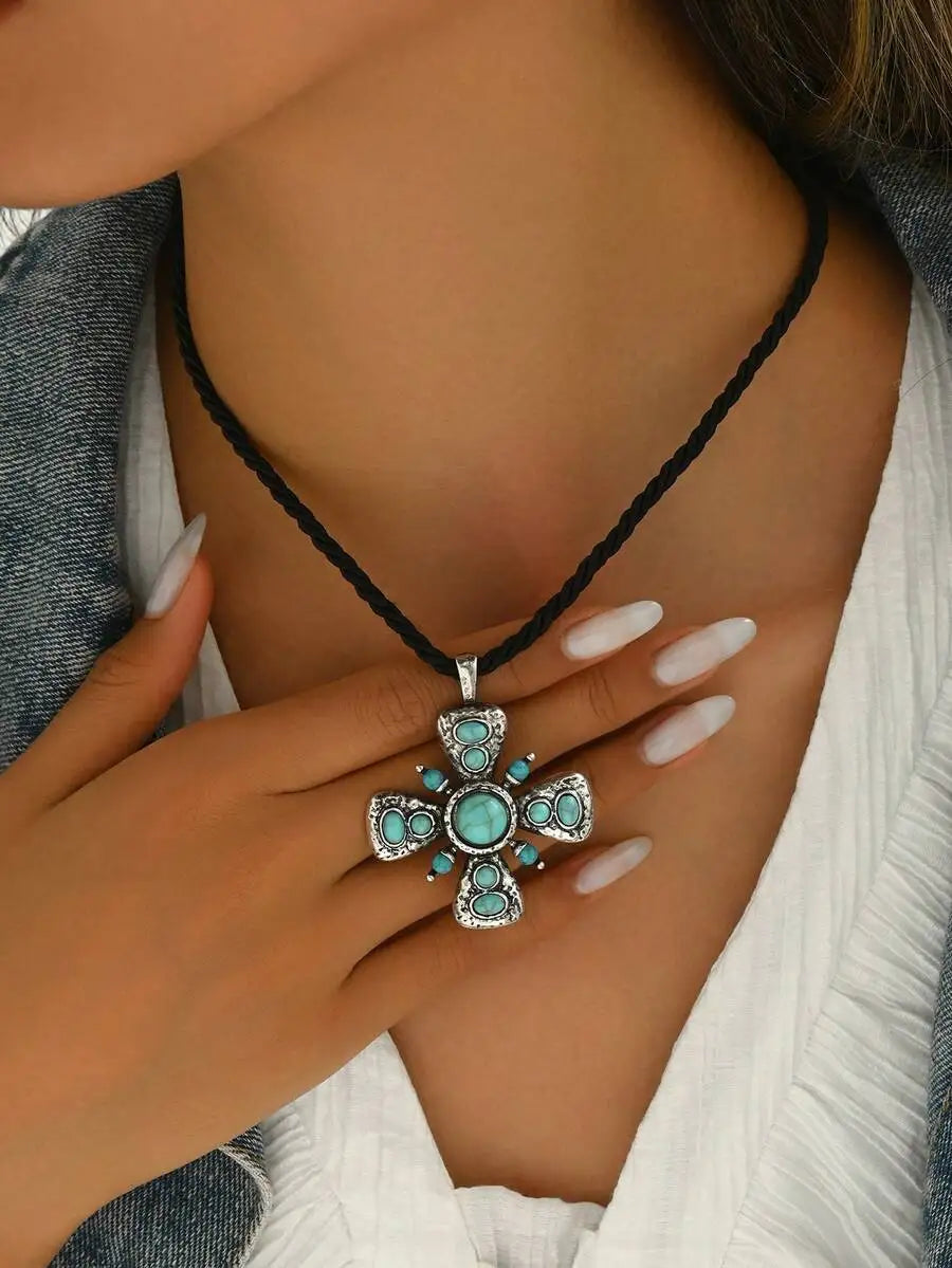 Vintage Bohemian Turquoise Inlaid Cross Pendant Necklace For Women