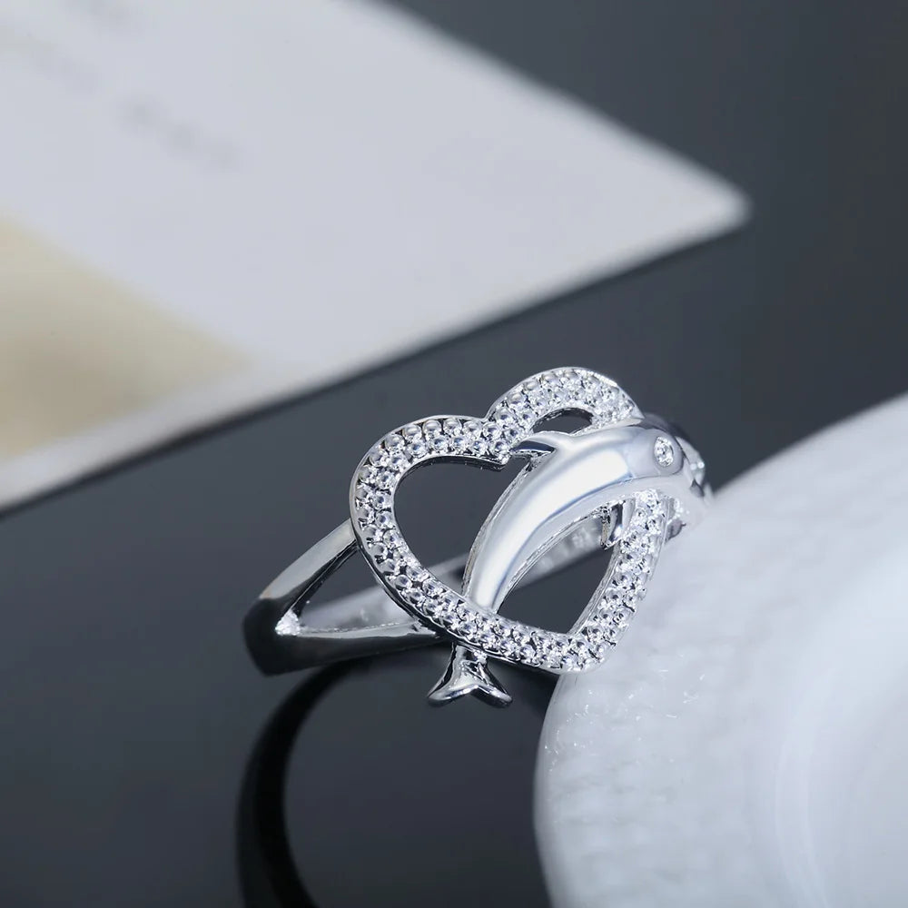 High Quality 925 Sterling Silver Fine Dolphins Heart Rings For Women