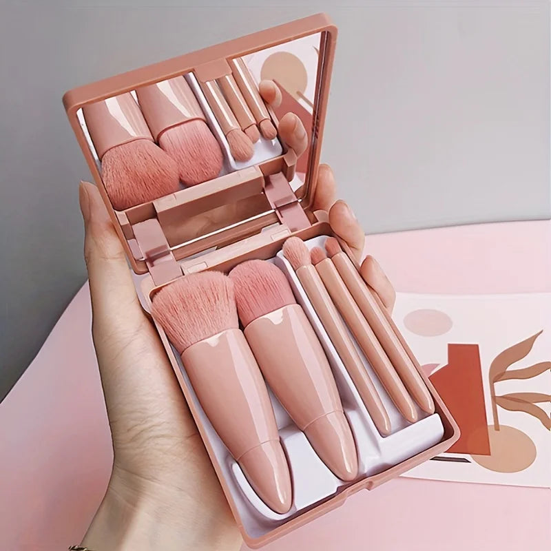 5Pcs Portable Makeup Brush Set With Mirror -  Foldable Travel Kit ，Mini Makeup Brush Set