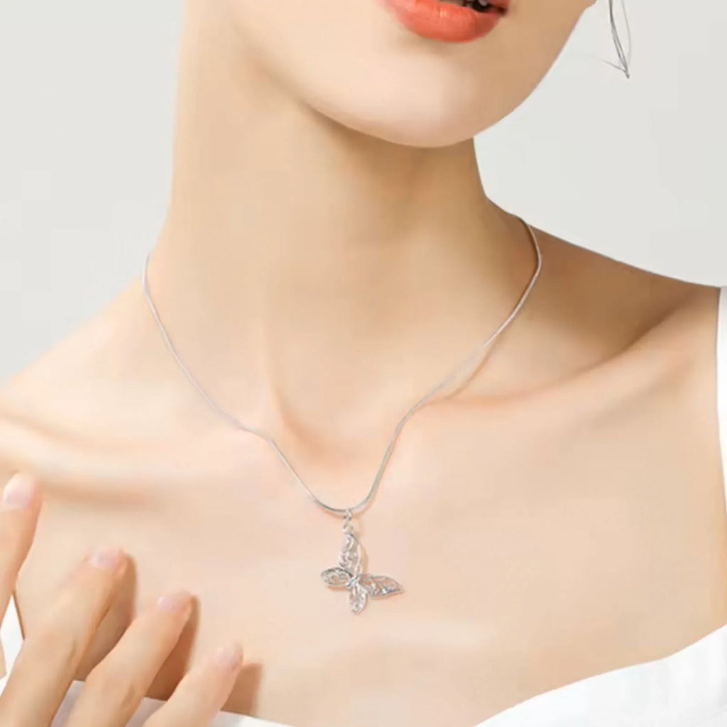 Elegant 925 Sterling Silver Butterfly Pendant Necklace Snake Chain For Women