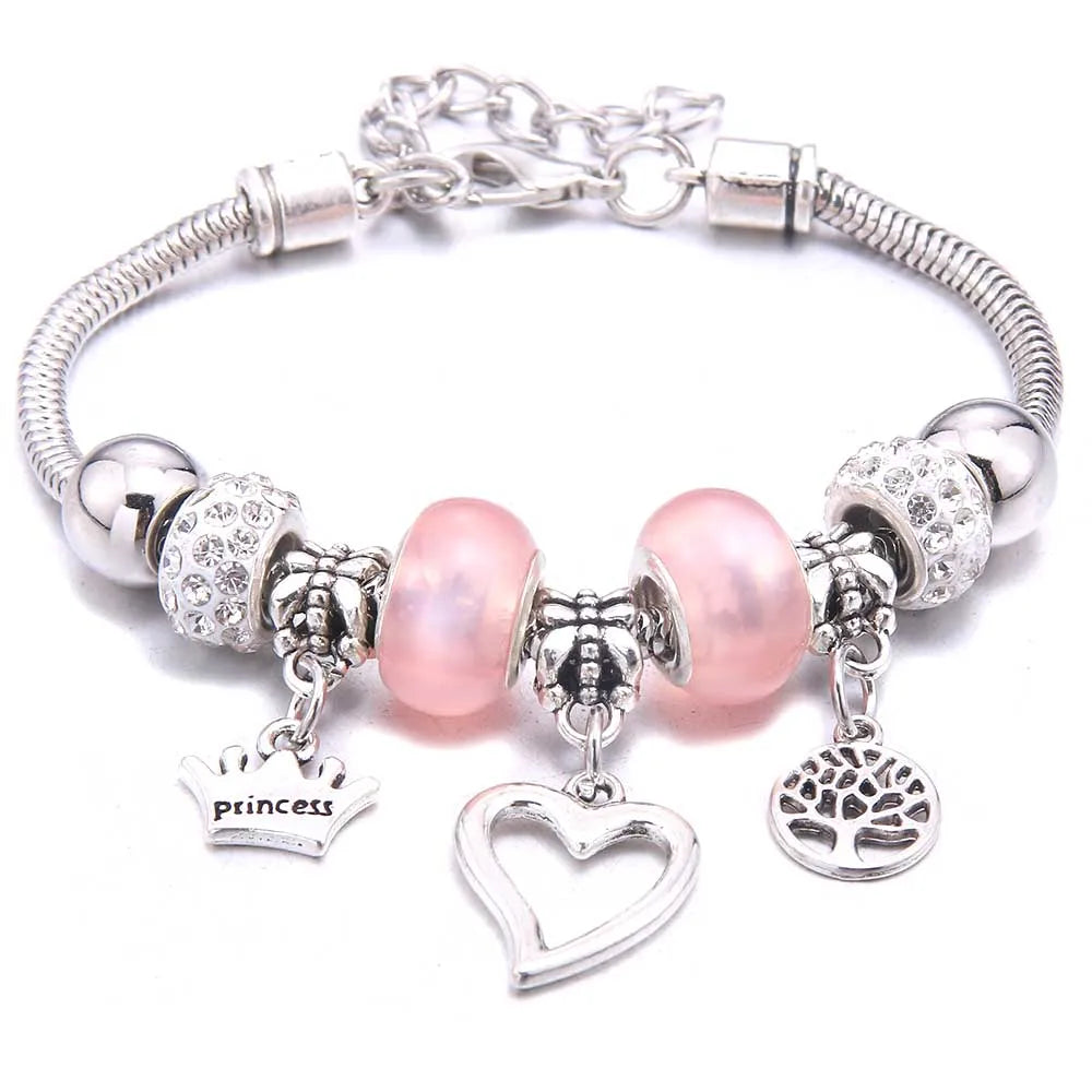Pink Butterfly Charm Bracelet Snake Chain Lobster Clasp Beaded Bangle