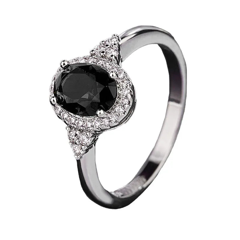 Black Oval Zircon Ring for Women Silver Tone Halo Setting Sparkling CZ Inlaid Elegant Light Luxury