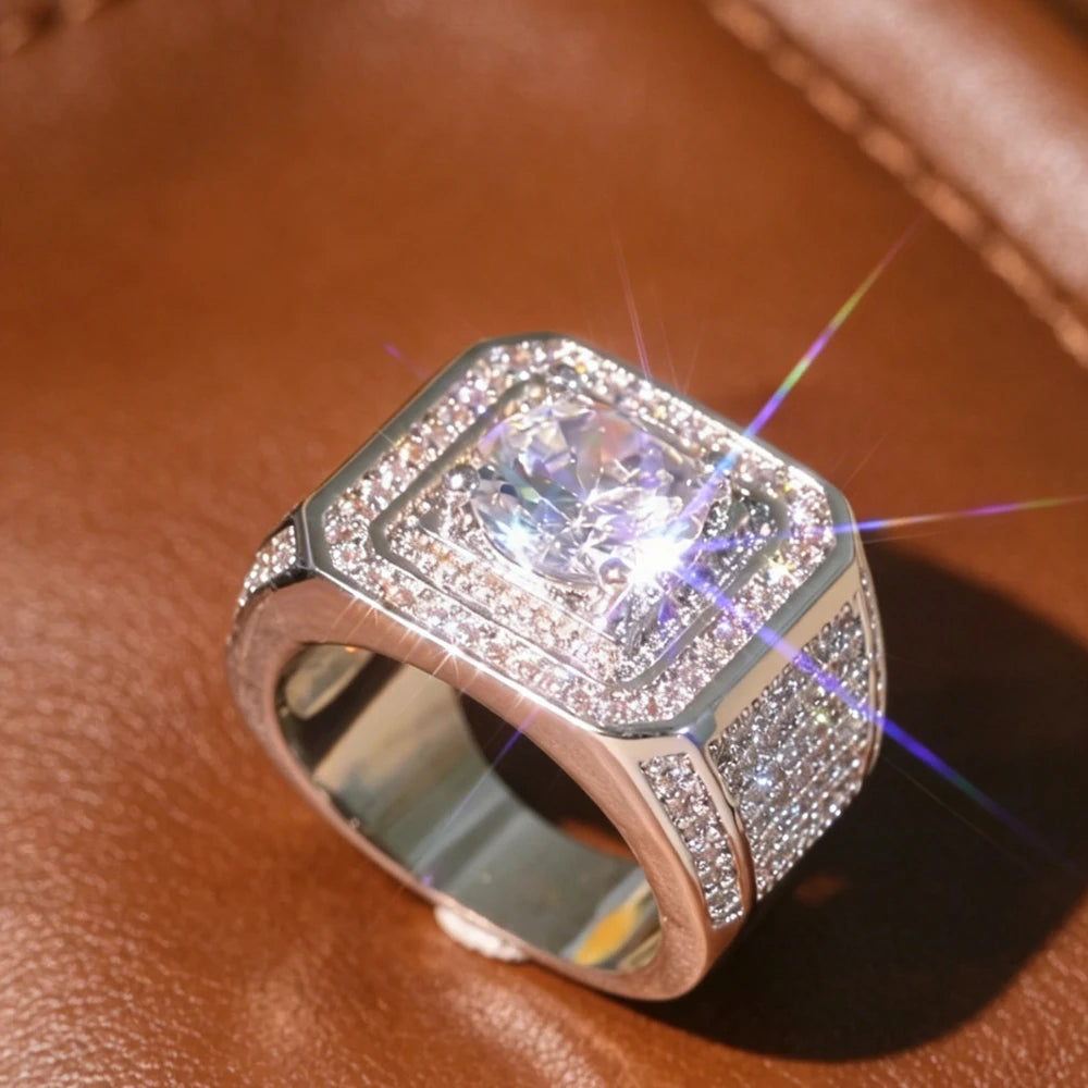 Elegant Men's Heavyweight Geometric Square Wide Ring with 3D Surrounding Shimmering Stone