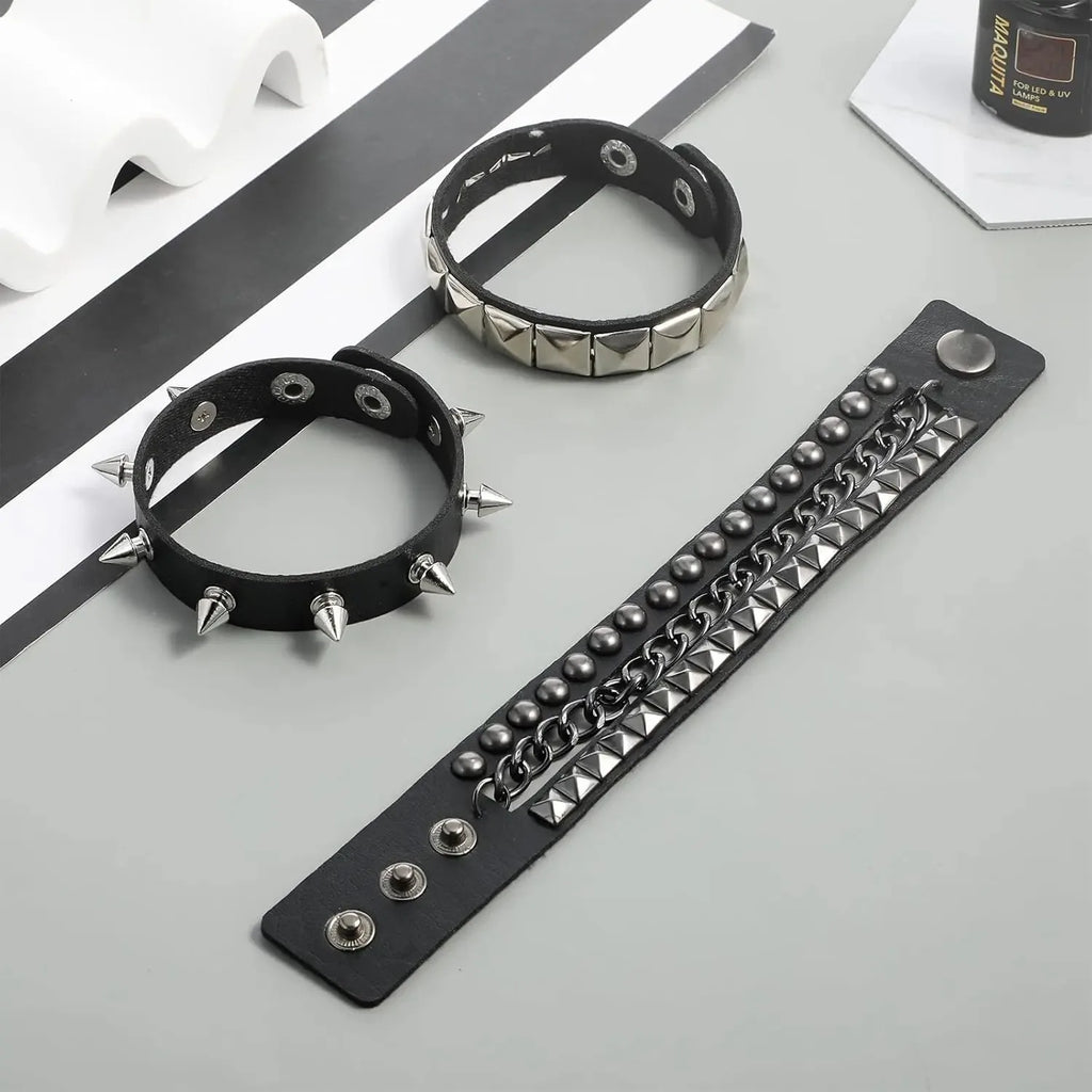 3 Piece Punk Rock Studded Bracelets Black Spiked Leather Cuff Bracelet for Men and Women Adjustable