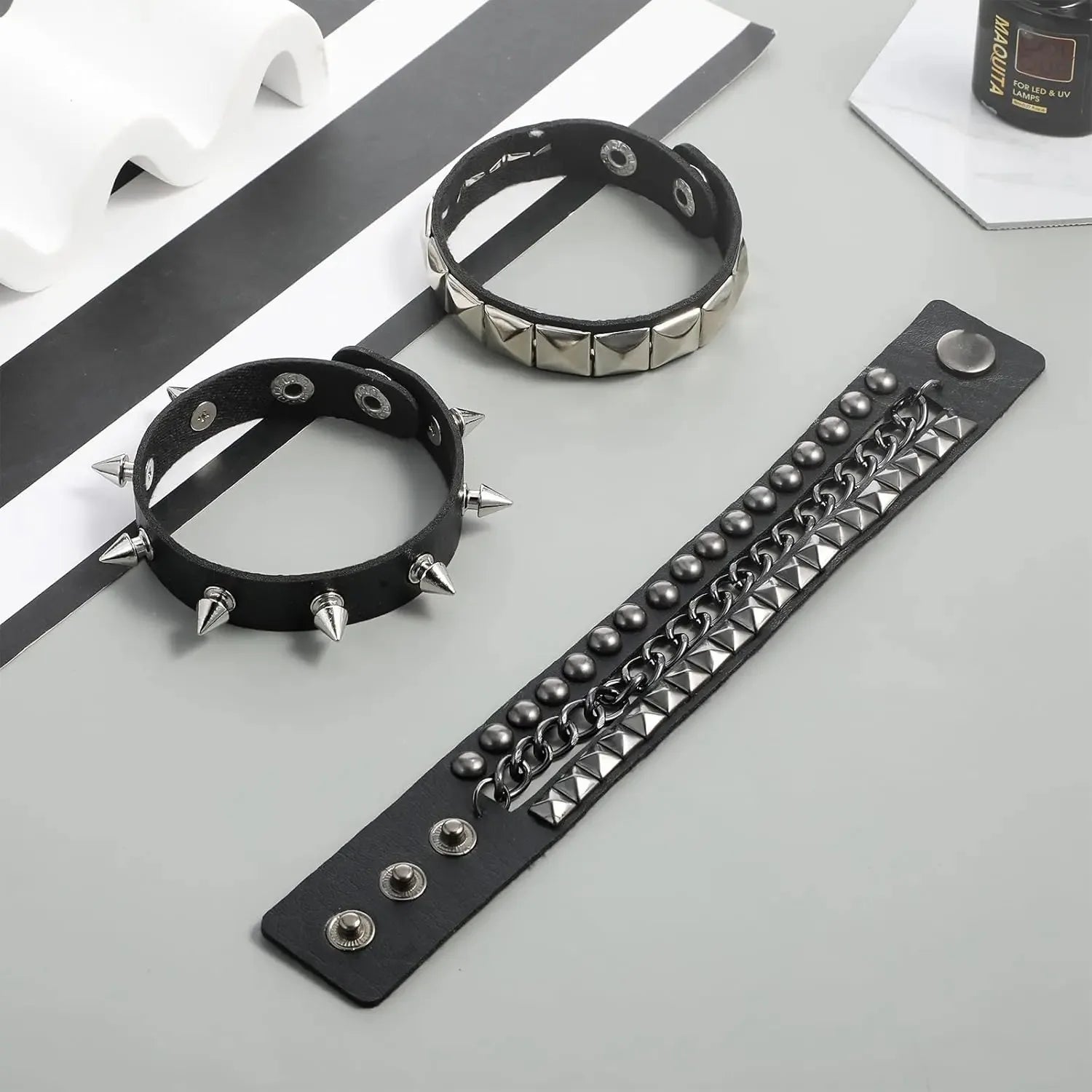 3 Piece Punk Rock Studded Bracelets Black Spiked Leather Cuff Bracelet for Men and Women Adjustable