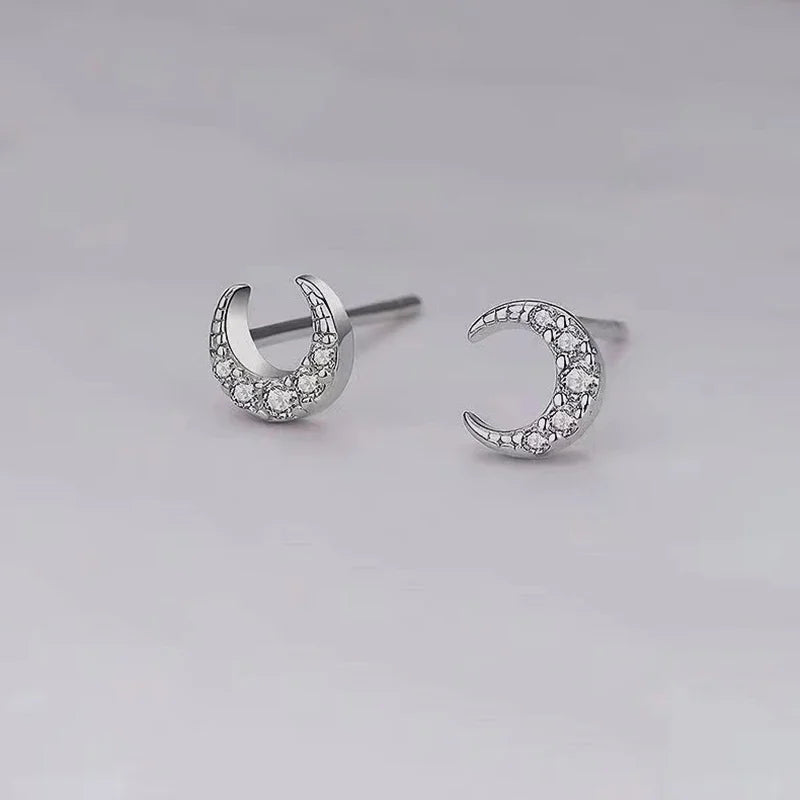 Real 925 Sterling Silver Zircon Moon Mini Stud Earrings For Women Classic Fine Jewelry