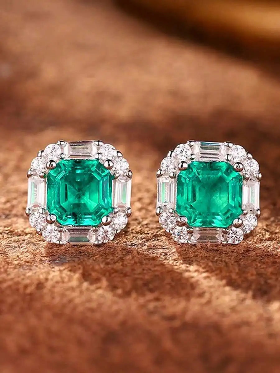 Square Cut Pink Cubic Zirconia Halo Stud Earrings For Women